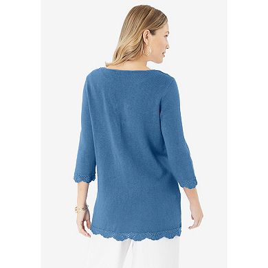 Roaman's Women's Plus Size Lace Knit Pullover Sweater