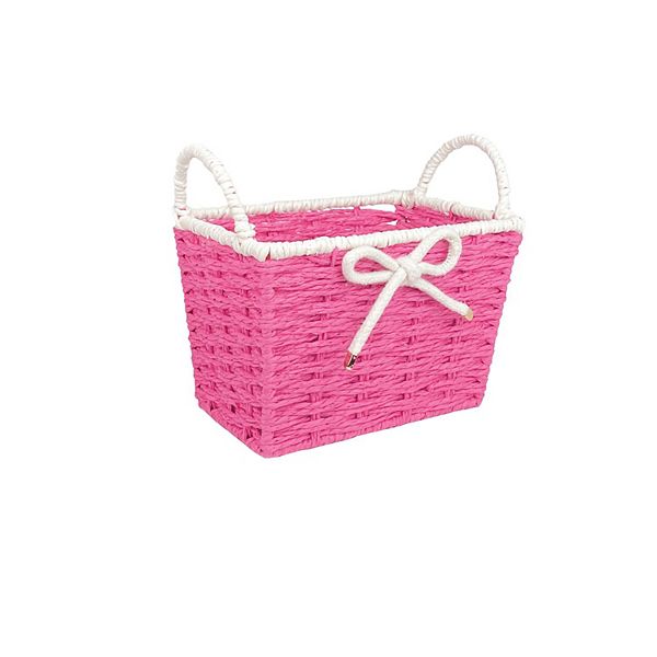 Belle Maison Valentine's Day Pink Bow Accented Paper Weave Basket with Handles - Pink