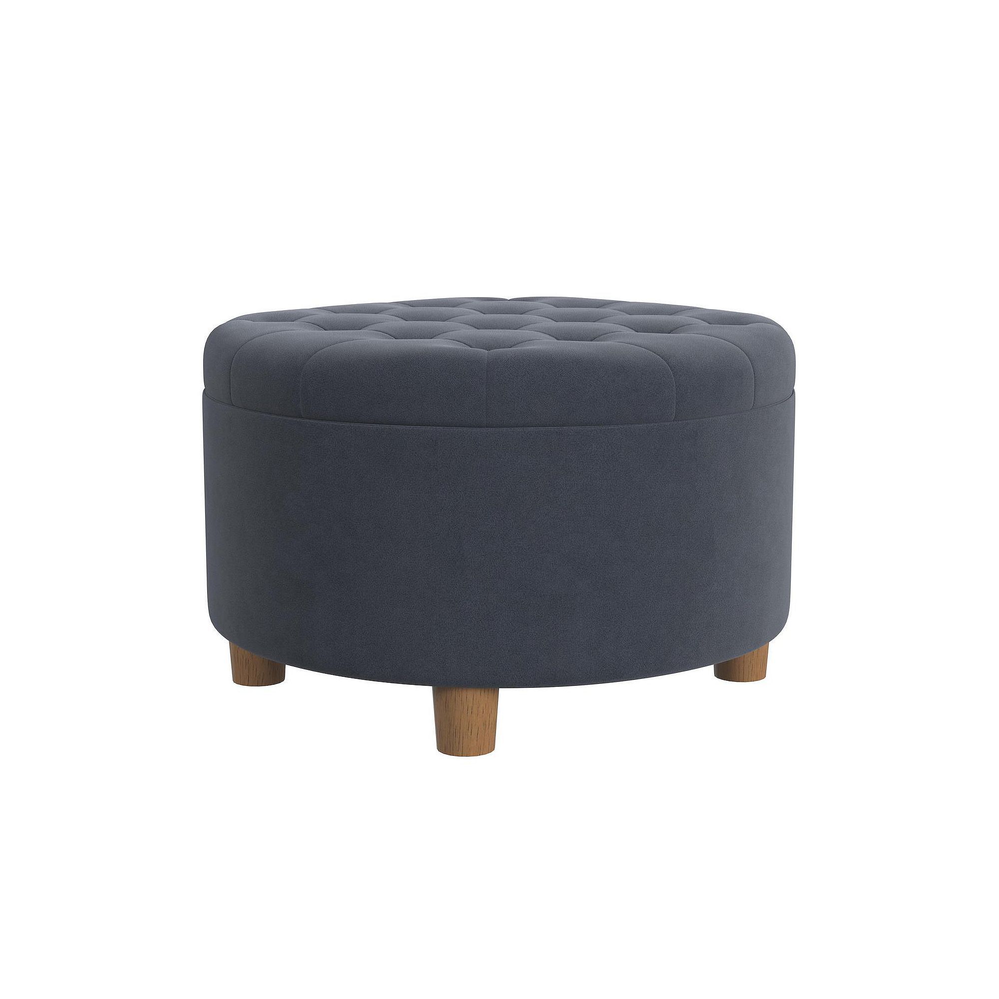HomePop Round Tufted Storage Ottoman, Blue Velvet