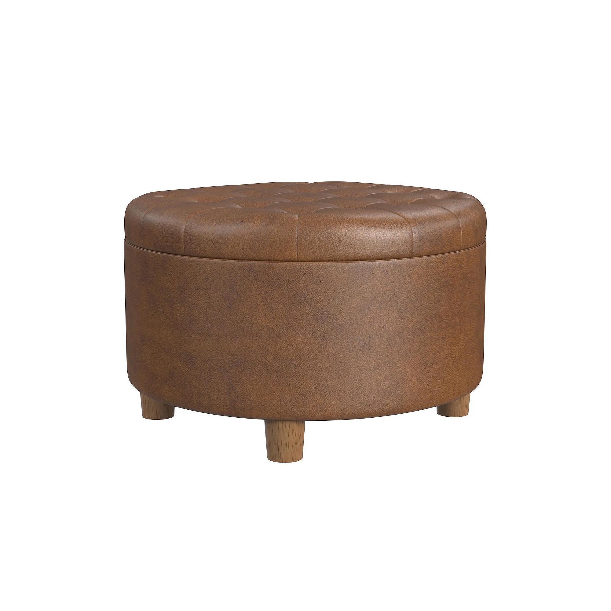 HomePop Round Tufted Storage Ottoman, Brown Faux Leather