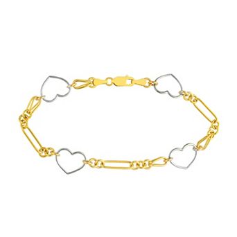 Color Romance Two Tone 14k Gold Heart Link Station Bracelet