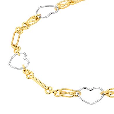Color Romance Two Tone 14k Gold Heart Link Station Bracelet
