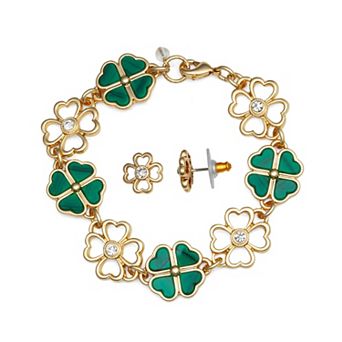 Napier Gold Tone Shamrock Bracelet & Stud Earring Set