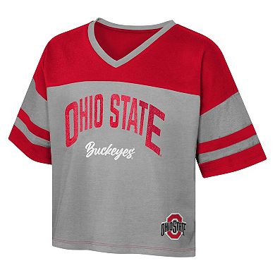 Girls Youth Red Ohio State Buckeyes The Playmaker Sleeve Stripe V-Neck Jersey T-Shirt