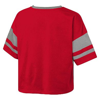 Girls Youth Red Ohio State Buckeyes The Playmaker Sleeve Stripe V-Neck Jersey T-Shirt