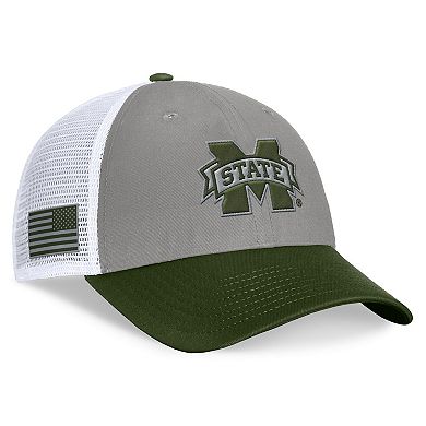 Men's Top of the World Gray/Green Mississippi State Bulldogs OHT Military Appreciation Badge Trucker Adjustable Hat