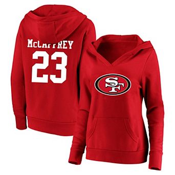 Women's Fanatics Christian McCaffrey Scarlet San Francisco 49ers Plus Size Player Name & Number V-Neck Pullover Hoodie