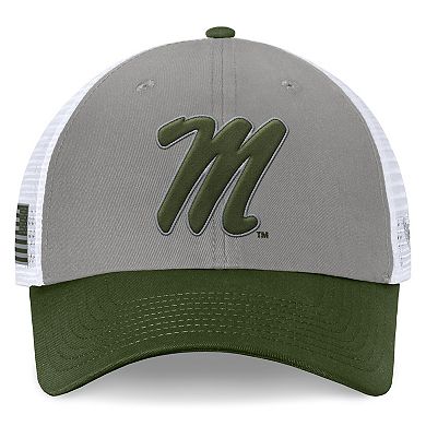 Men's Top of the World Gray/Green Ole Miss Rebels OHT Military Appreciation Badge Trucker Adjustable Hat