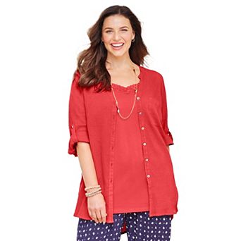 Catherines Women's Plus Size Petite Mandarin Collar Gauze Tunic