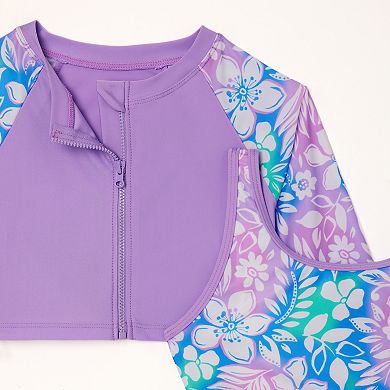 Girls 4-16 Catalina Swimwear 4-Piece Crop Zipper Rash Guard, Bikini Swim Set with Swim Shorts