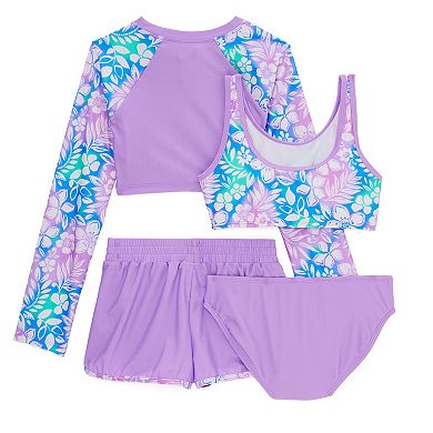 Girls 4-16 Catalina Swimwear 4-Piece Crop Zipper Rash Guard, Bikini Swim Set with Swim Shorts