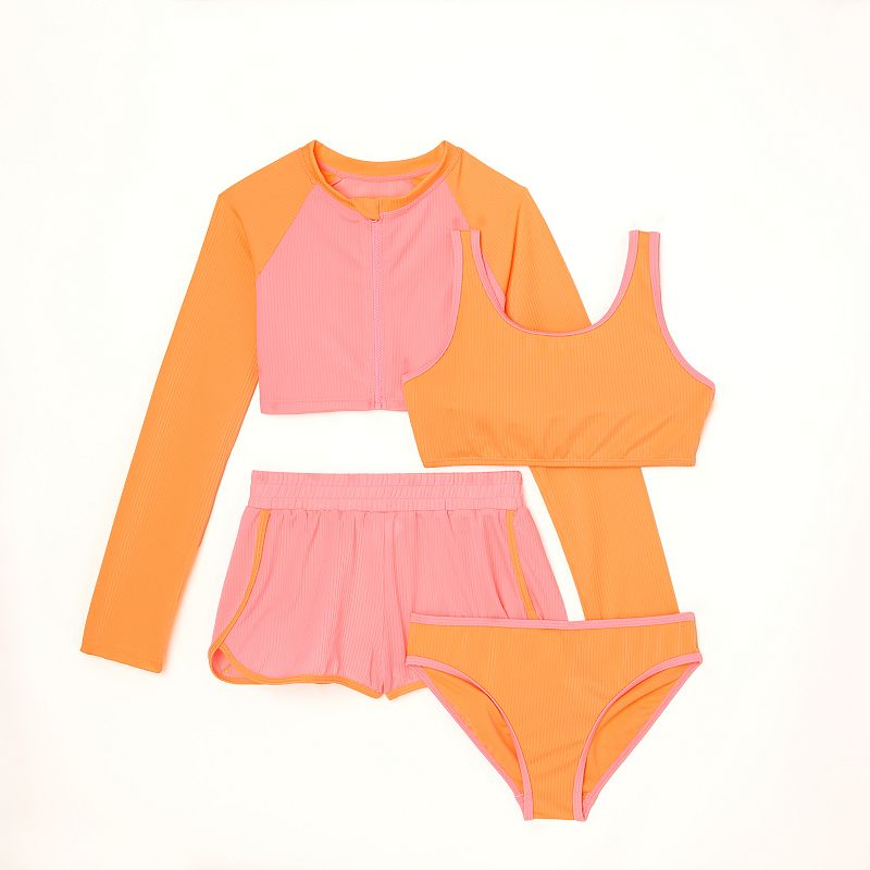 Girls 4-16 Catalina 4-Piece Crop Zipper Rash Guard, Bikini Swim Set with Swim Shorts, Girl's, Summer Color Block