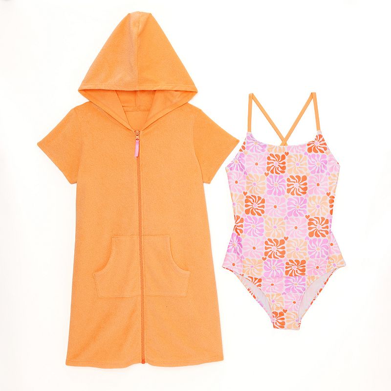 Girls 4-16 Catalina Swimwear Hooded Zip-Up Cover-Up One-Piece Swimsuit Set, Girl's, Size: 12, Retro Geo Check