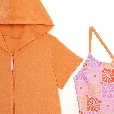 Girls 4-16 Catalina Swimwear Hooded Zip-Up Cover-Up One-Piece Swimsuit Set