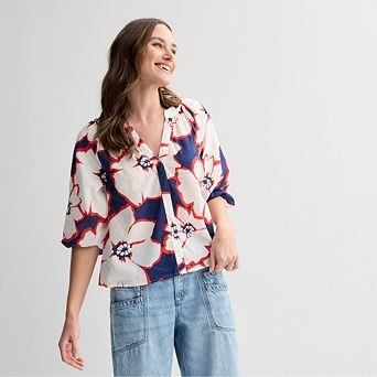 Petite Sonoma Goods For Life® Shirred Y-Neck Balloon Sleeve Blouse