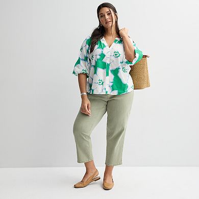 Plus Size Sonoma Goods For Life® Shirred Y-Neck Balloon Sleeve Blouse