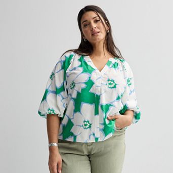 Plus Size Sonoma Goods For Life® Shirred Y-Neck Balloon Sleeve Blouse