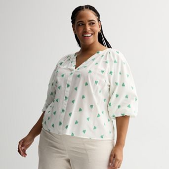 Plus Size Sonoma Goods For Life® Shirred Y-Neck Balloon Sleeve Blouse