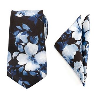 Painted Floral Blue Necktie And Pocket Square Gift Set