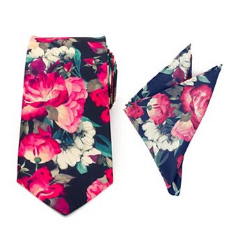 Painted Floral Blue Necktie And Pocket Square Gift Set