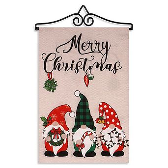 G128 Combo Set: Garden Flag Hanger And Merry Christmas 3 Festive Gnomes 12"x18"