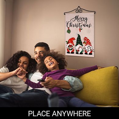 G128 Combo Set: Garden Flag Hanger And Merry Christmas 3 Festive Gnomes 12"x18"