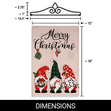 G128 Combo Set: Garden Flag Hanger And Merry Christmas 3 Festive Gnomes 12"x18"