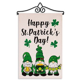 G128 Combo Set: Garden Flag Hanger And Happy St. Patrick's Day 3 Leprechaun Gnomes 12"x18"