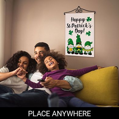 G128 Combo Set: Garden Flag Hanger And Happy St. Patrick's Day 3 Leprechaun Gnomes 12"x18"