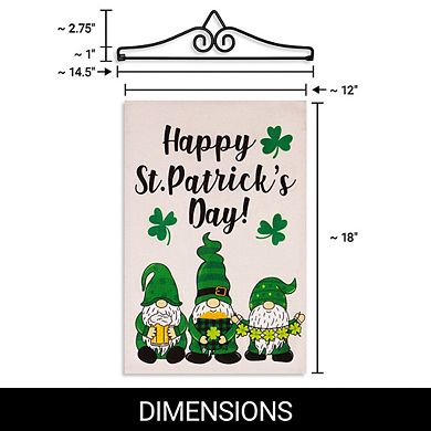 G128 Combo Set: Garden Flag Hanger And Happy St. Patrick's Day 3 Leprechaun Gnomes 12"x18"