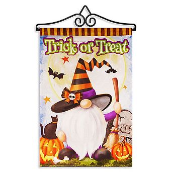 G128 Combo Set: Garden Flag Hanger And Garden Flag Trick Or Treat Witch Hat Gnome With Broom 12"x18"