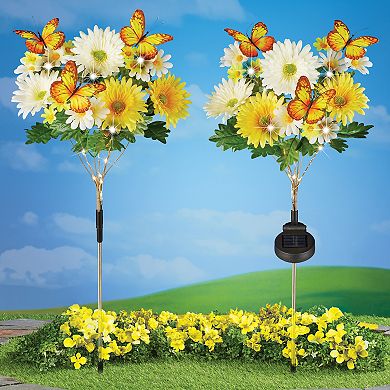 Collections Etc Solar Powered Daisy And Butterfly Stakes - Set Of 2