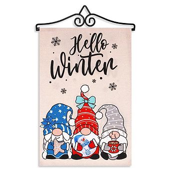 G128 Combo Set: Garden Flag Hanger And Hello Winter 3 Cozy Gnomes With Hot Chocolate 12"x18"