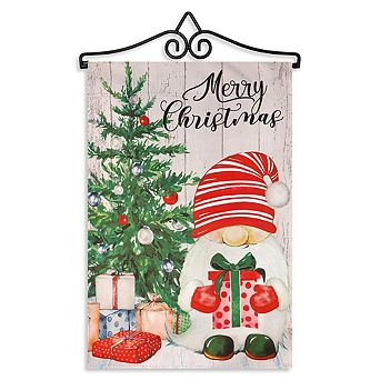 G128 Combo Set: Garden Flag Hanger And Garden Flag Merry Christmas Santa Gnome With Present 12"x18"