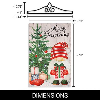 G128 Combo Set: Garden Flag Hanger And Garden Flag Merry Christmas Santa Gnome With Present 12"x18"