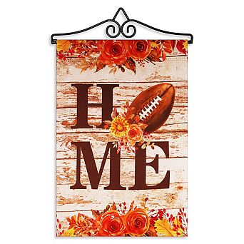G128 Combo Set: Garden Flag Hanger And Garden Flag Home Football On Rustic Wood 12"x18"