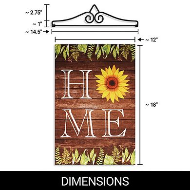 G128 Combo Set: Garden Flag Hanger And Garden Flag Home Sunflower On Rustic Wood 12"x18"