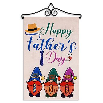 G128 Combo Set: Garden Flag Hanger And Happy Fathers Day 3 Gnome Fathers 12"x18"