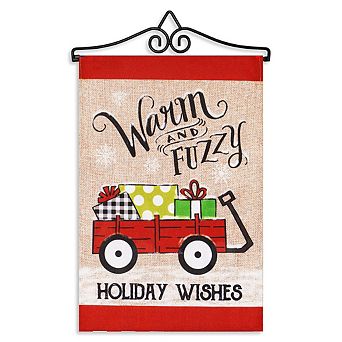 G128 Combo Set: Garden Flag Hanger And Warm And Fuzzy Holiday Wishes Wagon With Gifts 12"x18"