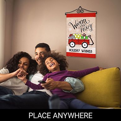 G128 Combo Set: Garden Flag Hanger And Warm And Fuzzy Holiday Wishes Wagon With Gifts 12"x18"