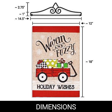 G128 Combo Set: Garden Flag Hanger And Warm And Fuzzy Holiday Wishes Wagon With Gifts 12"x18"