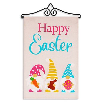 G128 Combo Set: Garden Flag Hanger And Happy Easter 3 Gnomes With Carrot Chocolate Bunny Egg 12"x18"