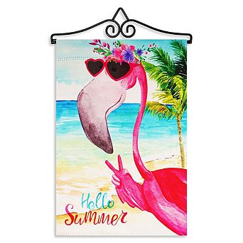 G128 Combo Set: Garden Flag Hanger And Garden Flag Hello Summer Peace Sign Flamingo 12"x18"