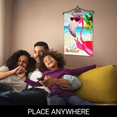 G128 Combo Set: Garden Flag Hanger And Garden Flag Hello Summer Peace Sign Flamingo 12"x18"