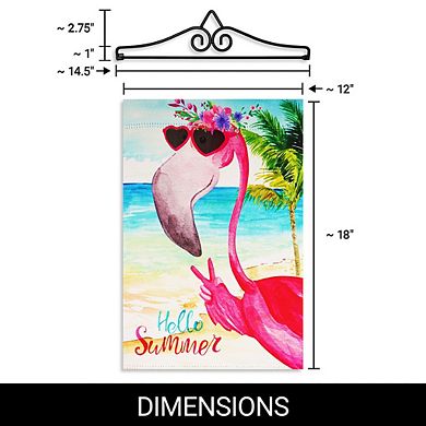 G128 Combo Set: Garden Flag Hanger And Garden Flag Hello Summer Peace Sign Flamingo 12"x18"