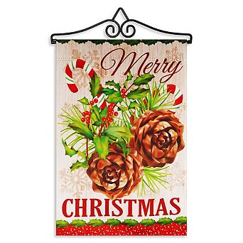 G128 Combo Set: Garden Flag Hanger And Garden Flag Merry Christmas Pinecone Bouquet 12"x18"
