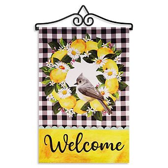 G128 Combo Set: Garden Flag Hanger And Garden Flag Welcome Bird With Fruit Wreath 12"x18"