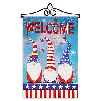 G128 Combo Set: Garden Flag Hanger And Garden Flag Welcome 3 Patriotic Gnomes 12"x18"