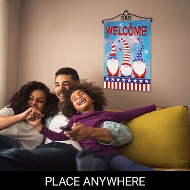 G128 Combo Set: Garden Flag Hanger And Garden Flag Welcome 3 Patriotic Gnomes 12"x18"