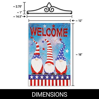 G128 Combo Set: Garden Flag Hanger And Garden Flag Welcome 3 Patriotic Gnomes 12"x18"